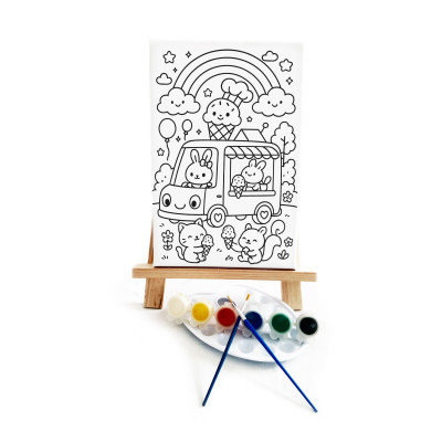 Dondurma Kamyonu Çocuk Ressam Seti - 20x30 cm Önçizimli Tuval, 2 Adet Fırça, Palet, Boyalar ve Şövale