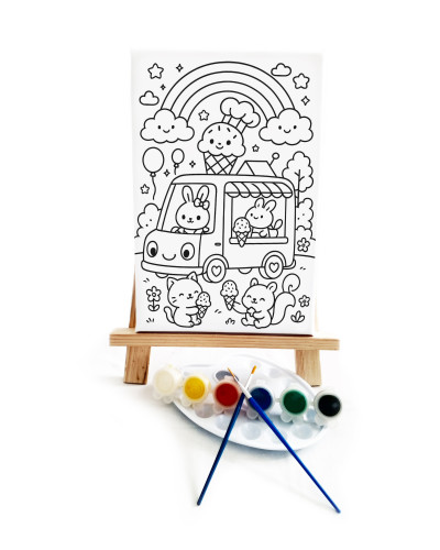 Dondurma Kamyonu Çocuk Ressam Seti - 20x30 cm Önçizimli Tuval, 2 Adet Fırça, Palet, Boyalar ve Şövale