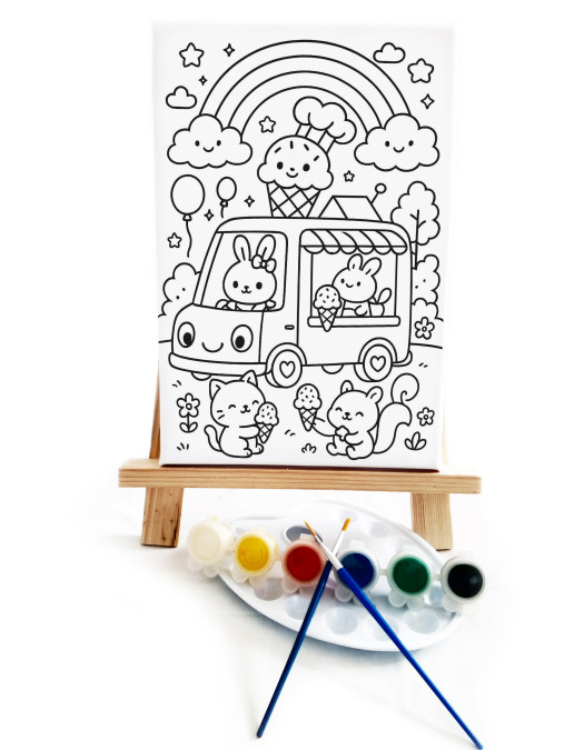 Dondurma Kamyonu Çocuk Ressam Seti - 20x30 cm Önçizimli Tuval, 2 Adet Fırça, Palet, Boyalar ve Şövale Dondurma Kamyonu Çocuk Ressam Seti - 20x30 cm Önçizimli Tuval, 2 Adet Fırça, Palet, Boyalar ve Şövale