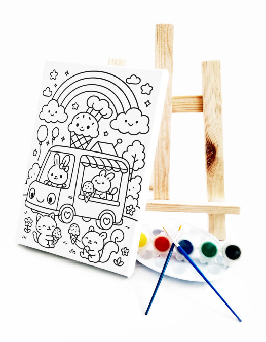 Dondurma Kamyonu Çocuk Ressam Seti - 20x30 cm Önçizimli Tuval, 2 Adet Fırça, Palet, Boyalar ve Şövale Dondurma Kamyonu Çocuk Ressam Seti - 20x30 cm Önçizimli Tuval, 2 Adet Fırça, Palet, Boyalar ve Şövale