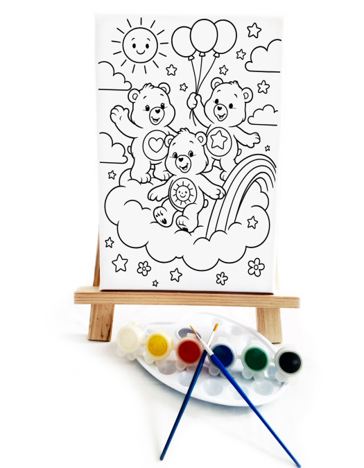 Ayıcıklar Çocuk Ressam Seti - 20x30 cm Önçizimli Tuval, 2 Adet Fırça, Palet, Boyalar ve Şövale