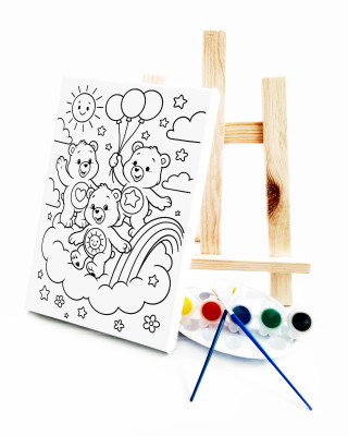 Ayıcıklar Çocuk Ressam Seti - 20x30 cm Önçizimli Tuval, 2 Adet Fırça, Palet, Boyalar ve Şövale