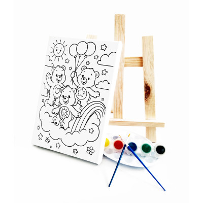 Ayıcıklar Çocuk Ressam Seti - 20x30 cm Önçizimli Tuval, 2 Adet Fırça, Palet, Boyalar ve Şövale