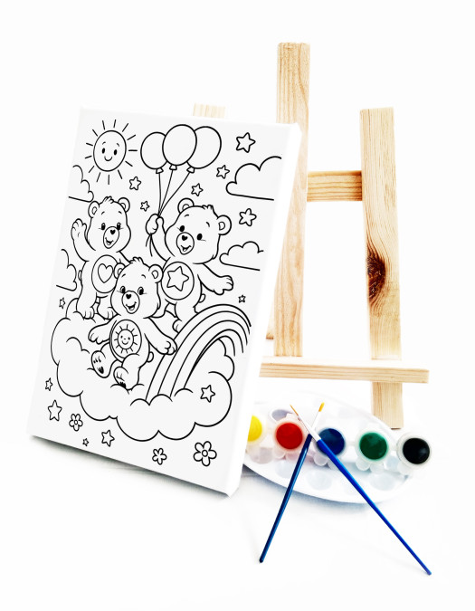 Ayıcıklar Çocuk Ressam Seti - 20x30 cm Önçizimli Tuval, 2 Adet Fırça, Palet, Boyalar ve Şövale