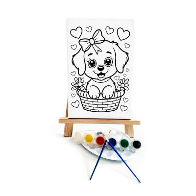 Sepetteki Köpek Ressam Seti - 20 x 30 cm Önçizimli Tuval, 2 Adet Fırça, Palet, Boyalar ve Şövale