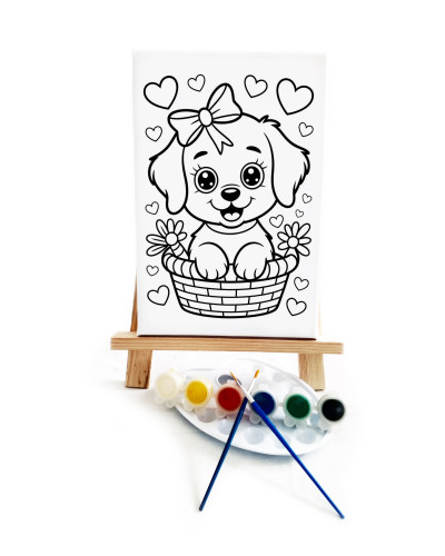 Sepetteki Köpek Ressam Seti - 20 x 30 cm Önçizimli Tuval, 2 Adet Fırça, Palet, Boyalar ve Şövale