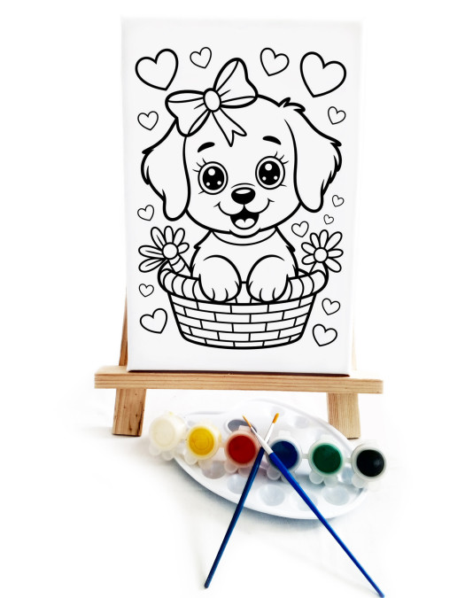 Sepetteki Köpek Ressam Seti - 20 x 30 cm Önçizimli Tuval, 2 Adet Fırça, Palet, Boyalar ve Şövale Sepetteki Köpek Ressam Seti - 20 x 30 cm Önçizimli Tuval, 2 Adet Fırça, Palet, Boyalar ve Şövale