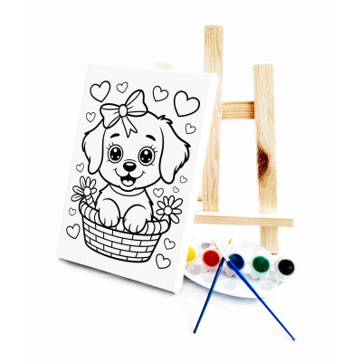 Sepetteki Köpek Ressam Seti - 20 x 30 cm Önçizimli Tuval, 2 Adet Fırça, Palet, Boyalar ve Şövale