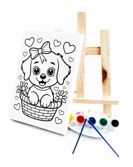 Sepetteki Köpek Ressam Seti - 20 x 30 cm Önçizimli Tuval, 2 Adet Fırça, Palet, Boyalar ve Şövale