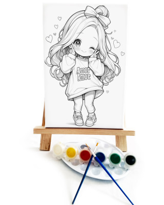 Anime Amor Ressam Seti - 20x30 cm Önçizimli Tuval, 2 Adet Fırça, Palet, Boyalar ve Şövale