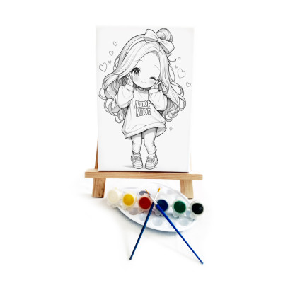 Anime Amor Ressam Seti - 20x30 cm Önçizimli Tuval, 2 Adet Fırça, Palet, Boyalar ve Şövale