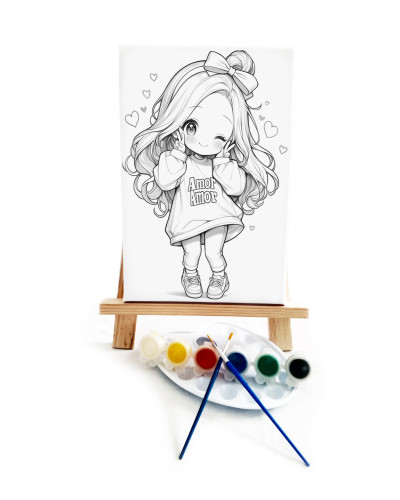 Anime Amor Ressam Seti - 20x30 cm Önçizimli Tuval, 2 Adet Fırça, Palet, Boyalar ve Şövale