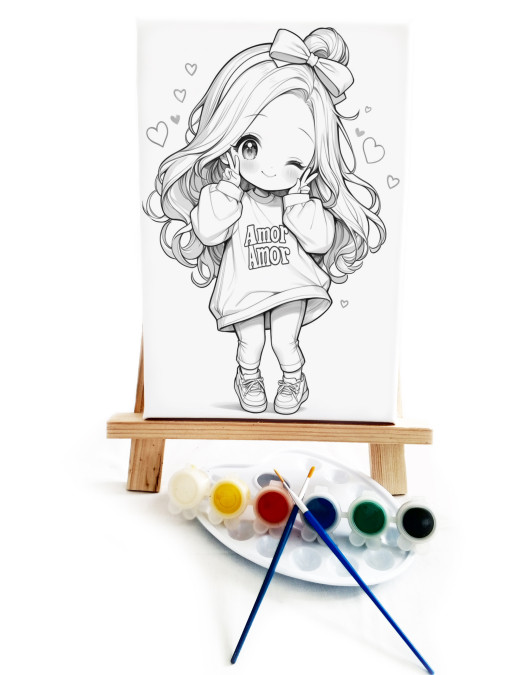 Anime Amor Ressam Seti - 20x30 cm Önçizimli Tuval, 2 Adet Fırça, Palet, Boyalar ve Şövale