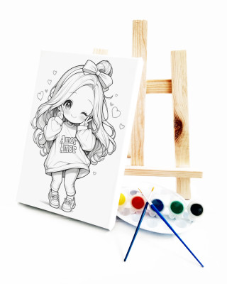 Anime Amor Ressam Seti - 20x30 cm Önçizimli Tuval, 2 Adet Fırça, Palet, Boyalar ve Şövale