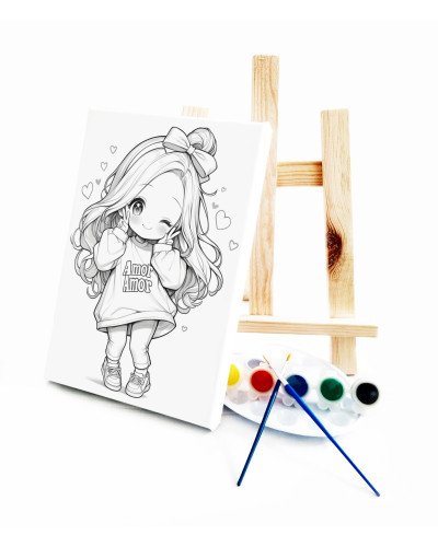 Anime Amor Ressam Seti - 20x30 cm Önçizimli Tuval, 2 Adet Fırça, Palet, Boyalar ve Şövale