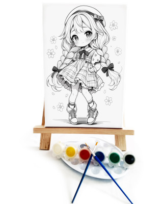 Anime Ekose Ressam Seti - 20 x 30 cm Önçizimli Tuval, 2 Adet Fırça, Palet, Boyalar ve Şövale