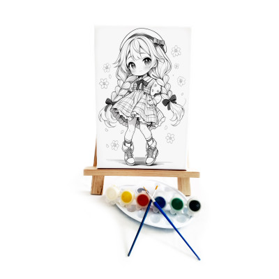 Anime Ekose Ressam Seti - 20 x 30 cm Önçizimli Tuval, 2 Adet Fırça, Palet, Boyalar ve Şövale