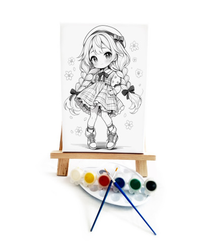 Anime Ekose Ressam Seti - 20 x 30 cm Önçizimli Tuval, 2 Adet Fırça, Palet, Boyalar ve Şövale