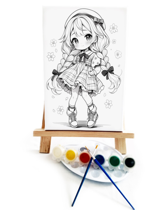 Anime Ekose Ressam Seti - 20 x 30 cm Önçizimli Tuval, 2 Adet Fırça, Palet, Boyalar ve Şövale