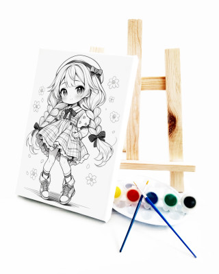 Anime Ekose Ressam Seti - 20 x 30 cm Önçizimli Tuval, 2 Adet Fırça, Palet, Boyalar ve Şövale