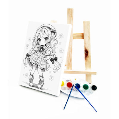 Anime Ekose Ressam Seti - 20 x 30 cm Önçizimli Tuval, 2 Adet Fırça, Palet, Boyalar ve Şövale