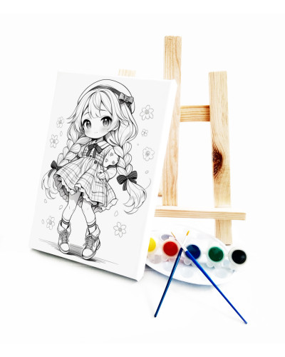 Anime Ekose Ressam Seti - 20 x 30 cm Önçizimli Tuval, 2 Adet Fırça, Palet, Boyalar ve Şövale