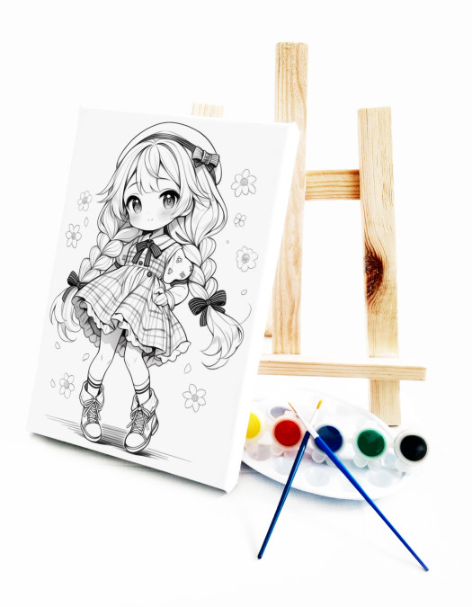 Anime Ekose Ressam Seti - 20 x 30 cm Önçizimli Tuval, 2 Adet Fırça, Palet, Boyalar ve Şövale