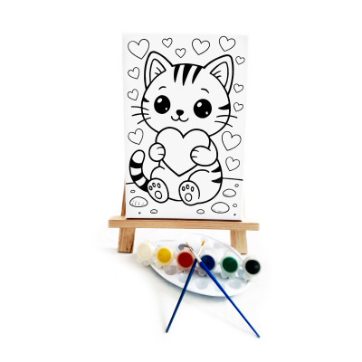 Kalpli Kedi Ressam Seti - 20 x 30 cm Önçizimli Tuval, 2 Adet Fırça, Palet, Boyalar ve Şövale