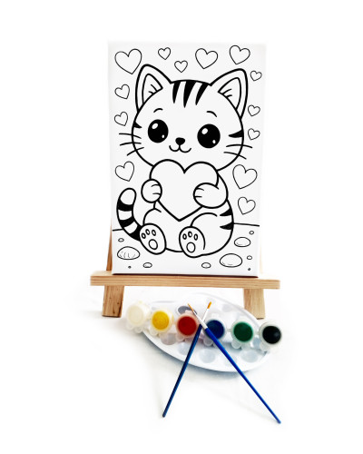 Kalpli Kedi Ressam Seti - 20 x 30 cm Önçizimli Tuval, 2 Adet Fırça, Palet, Boyalar ve Şövale