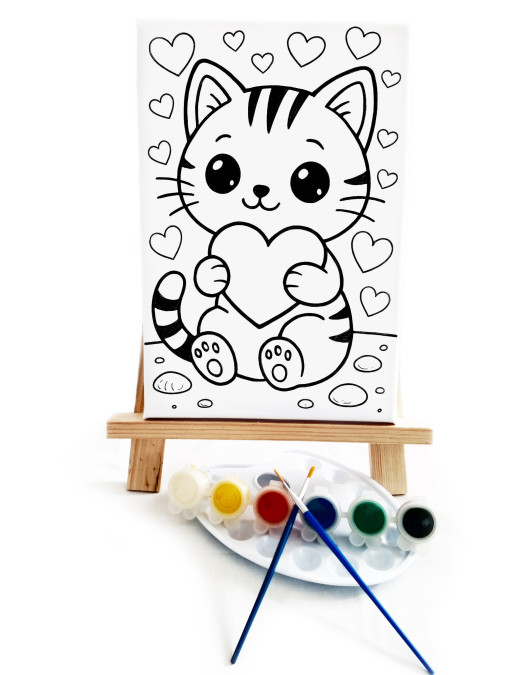 Kalpli Kedi Ressam Seti - 20 x 30 cm Önçizimli Tuval, 2 Adet Fırça, Palet, Boyalar ve Şövale