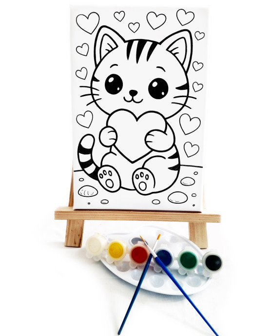 Kalpli Kedi Ressam Seti - 20 x 30 cm Önçizimli Tuval, 2 Adet Fırça, Palet, Boyalar ve Şövale