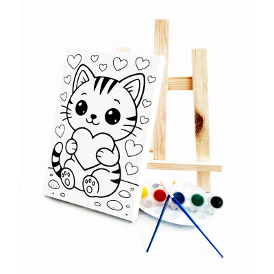 Kalpli Kedi Ressam Seti - 20 x 30 cm Önçizimli Tuval, 2 Adet Fırça, Palet, Boyalar ve Şövale