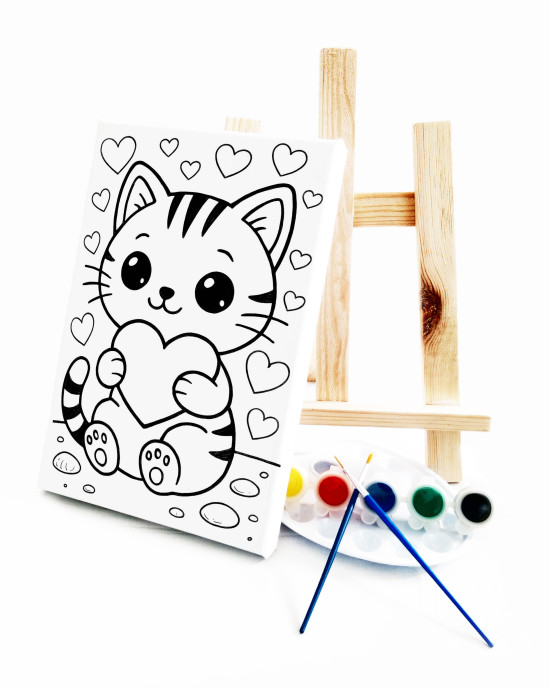 Kalpli Kedi Ressam Seti - 20 x 30 cm Önçizimli Tuval, 2 Adet Fırça, Palet, Boyalar ve Şövale
