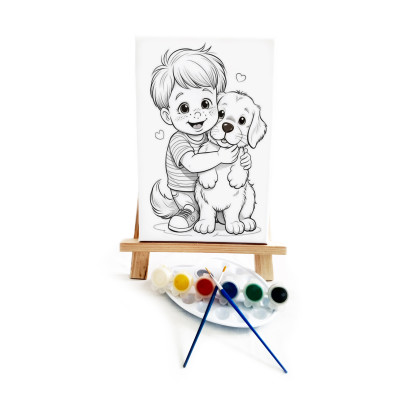 Köpek ve Çocuk Ressam Seti - 20 x 30 cm Önçizimli Tuval, 2 Adet Fırça, Palet, Boyalar ve Şövale