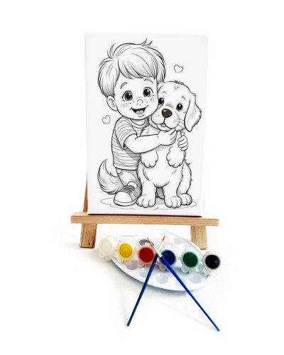 Köpek ve Çocuk Ressam Seti - 20 x 30 cm Önçizimli Tuval, 2 Adet Fırça, Palet, Boyalar ve Şövale