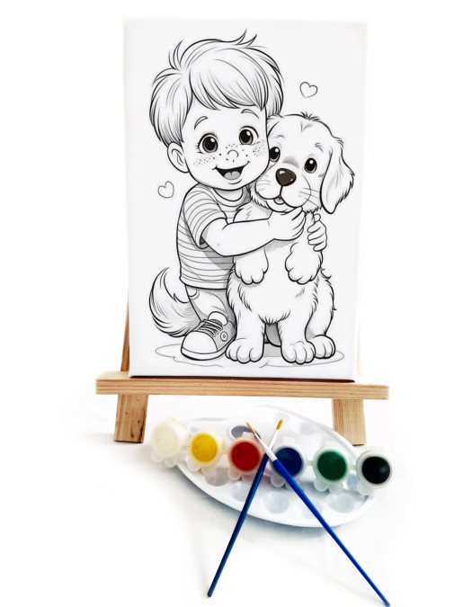 Köpek ve Çocuk Ressam Seti - 20 x 30 cm Önçizimli Tuval, 2 Adet Fırça, Palet, Boyalar ve Şövale Köpek ve Çocuk Ressam Seti - 20 x 30 cm Önçizimli Tuval, 2 Adet Fırça, Palet, Boyalar ve Şövale