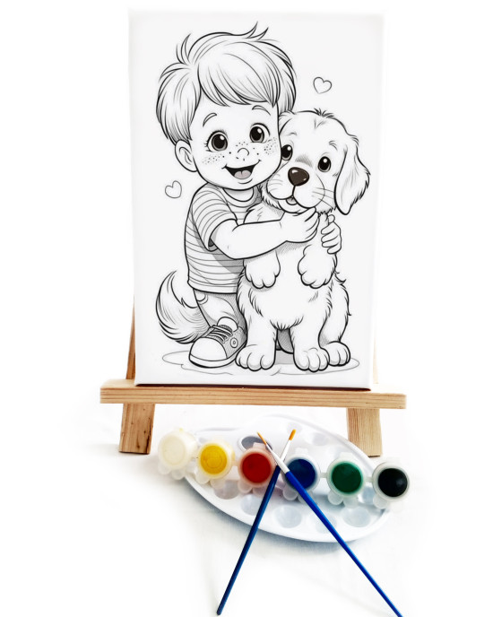 Köpek ve Çocuk Ressam Seti - 20 x 30 cm Önçizimli Tuval, 2 Adet Fırça, Palet, Boyalar ve Şövale