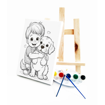 Köpek ve Çocuk Ressam Seti - 20 x 30 cm Önçizimli Tuval, 2 Adet Fırça, Palet, Boyalar ve Şövale