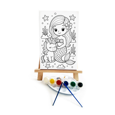 Mermaid & Unicorn Ressam Seti - 20 x 30 cm Önçizimli Tuval, 2 Adet Fırça, Palet, Boyalar ve Şövale