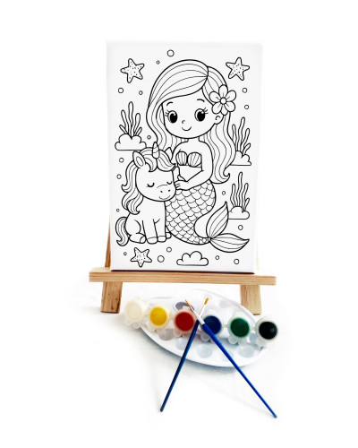 Mermaid & Unicorn Ressam Seti - 20 x 30 cm Önçizimli Tuval, 2 Adet Fırça, Palet, Boyalar ve Şövale