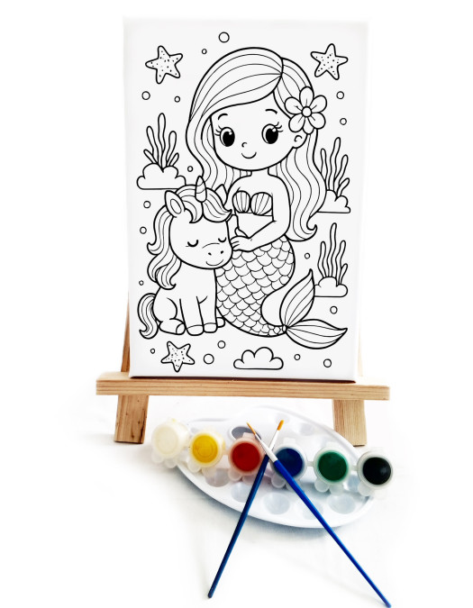 Mermaid & Unicorn Ressam Seti - 20 x 30 cm Önçizimli Tuval, 2 Adet Fırça, Palet, Boyalar ve Şövale
