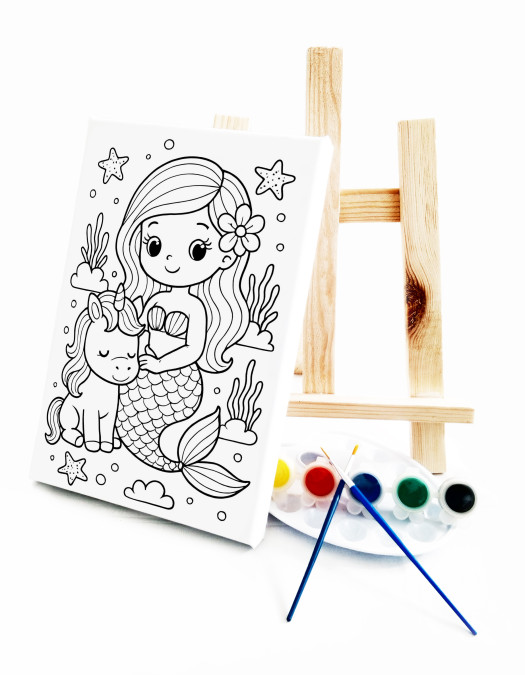 Mermaid & Unicorn Ressam Seti - 20 x 30 cm Önçizimli Tuval, 2 Adet Fırça, Palet, Boyalar ve Şövale