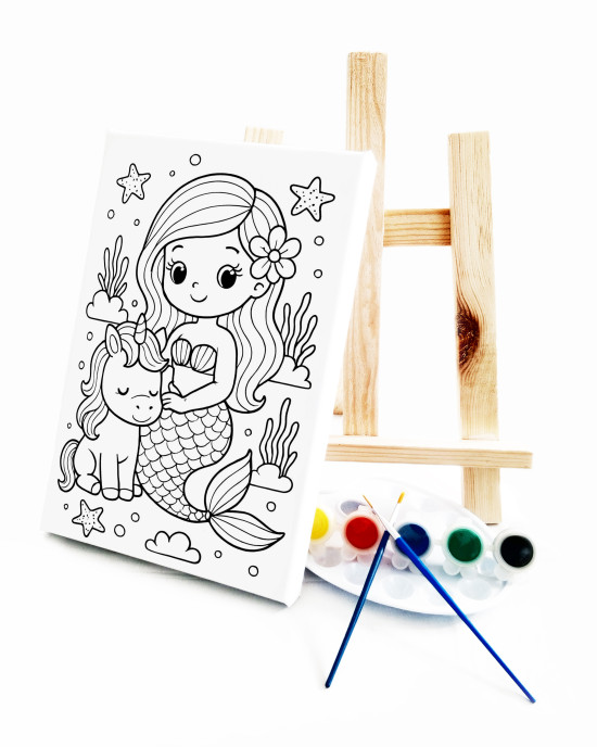 Mermaid & Unicorn Ressam Seti - 20 x 30 cm Önçizimli Tuval, 2 Adet Fırça, Palet, Boyalar ve Şövale