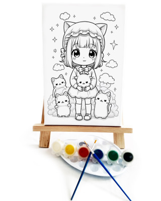 Anime Kız Ressam Seti - 20 x 30 cm Önçizimli Tuval, 2 Adet Fırça, Palet, Boyalar ve Şövale