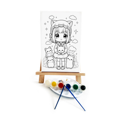Anime Kız Ressam Seti - 20 x 30 cm Önçizimli Tuval, 2 Adet Fırça, Palet, Boyalar ve Şövale