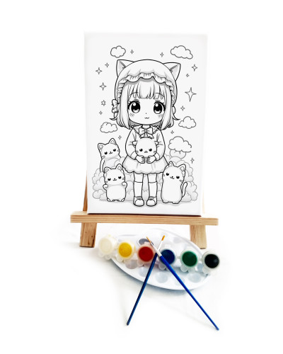 Anime Kız Ressam Seti - 20 x 30 cm Önçizimli Tuval, 2 Adet Fırça, Palet, Boyalar ve Şövale