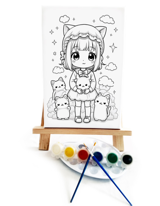 Anime Kız Ressam Seti - 20 x 30 cm Önçizimli Tuval, 2 Adet Fırça, Palet, Boyalar ve Şövale