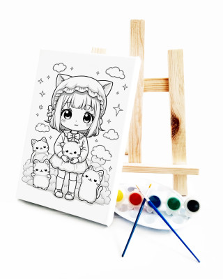 Anime Kız Ressam Seti - 20 x 30 cm Önçizimli Tuval, 2 Adet Fırça, Palet, Boyalar ve Şövale