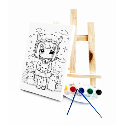 Anime Kız Ressam Seti - 20 x 30 cm Önçizimli Tuval, 2 Adet Fırça, Palet, Boyalar ve Şövale