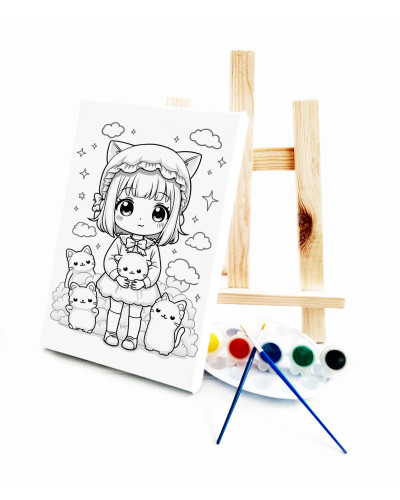 Anime Kız Ressam Seti - 20 x 30 cm Önçizimli Tuval, 2 Adet Fırça, Palet, Boyalar ve Şövale